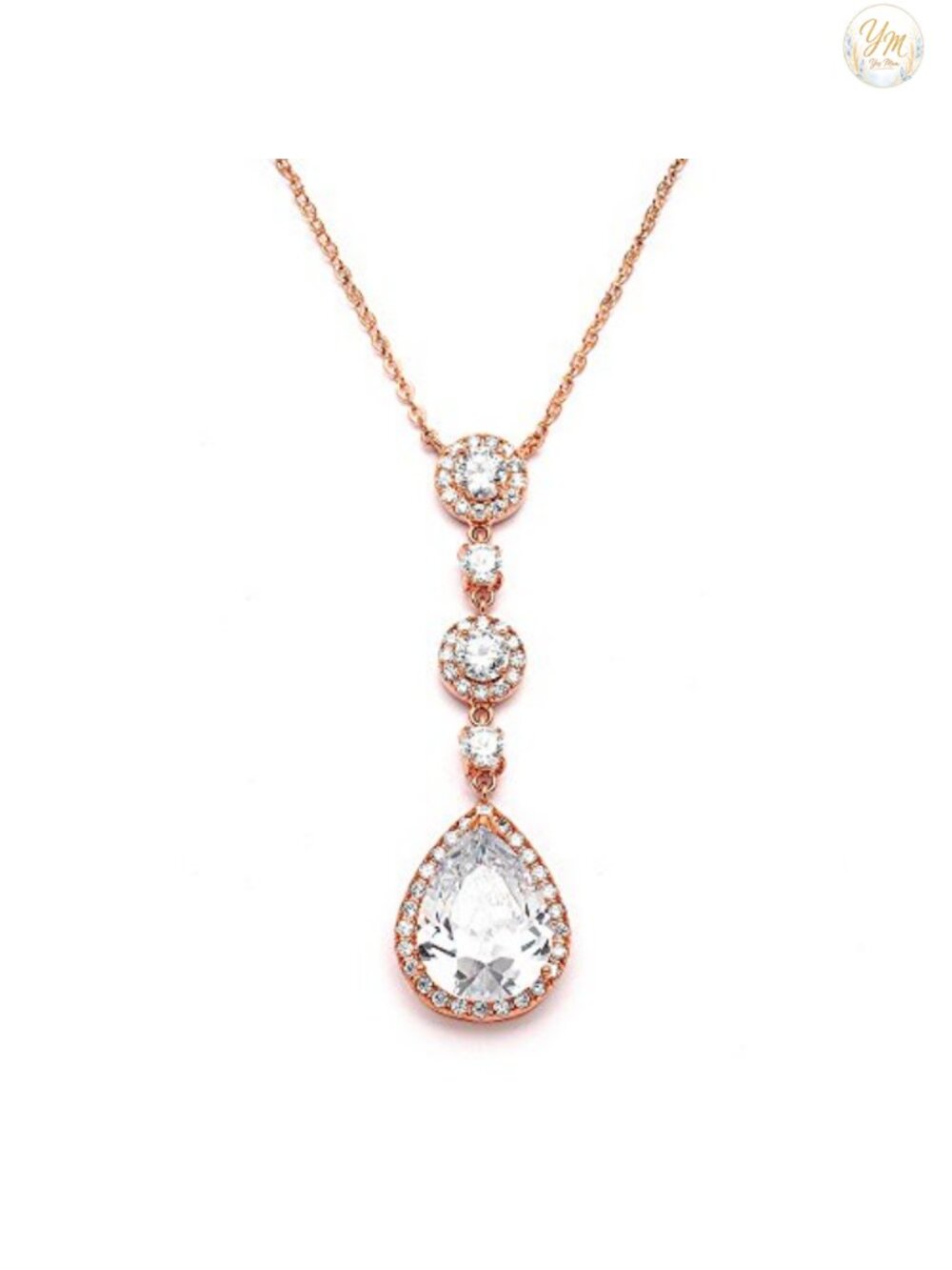 14K Rose Gold Plated Cubic Zirconia Y-Necklace Pear Drop Pendant Wedding